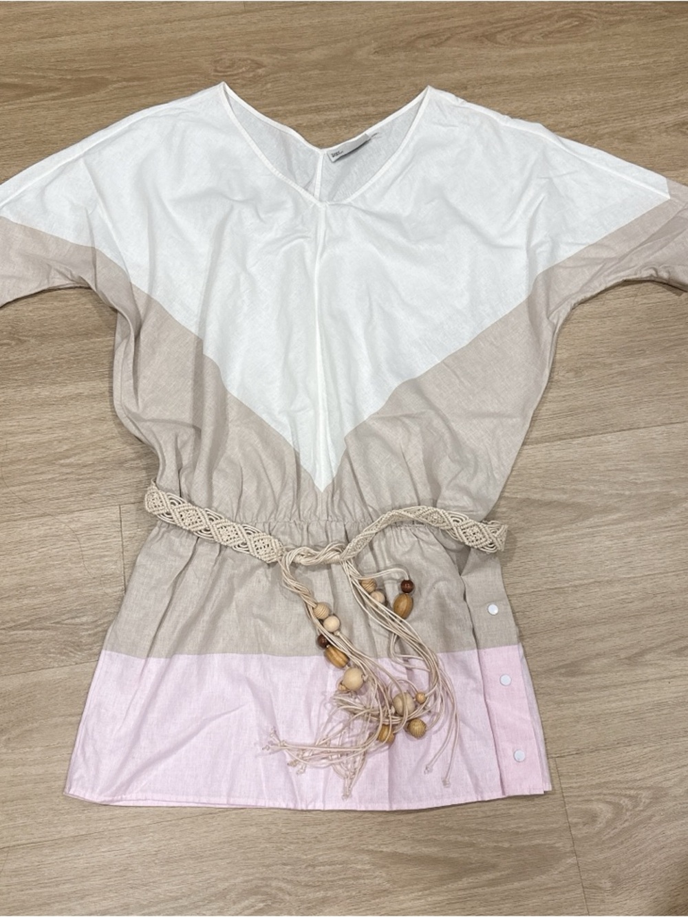 Tory Burch White, Beige & Pink Colorblock V-Neck Tunic dress